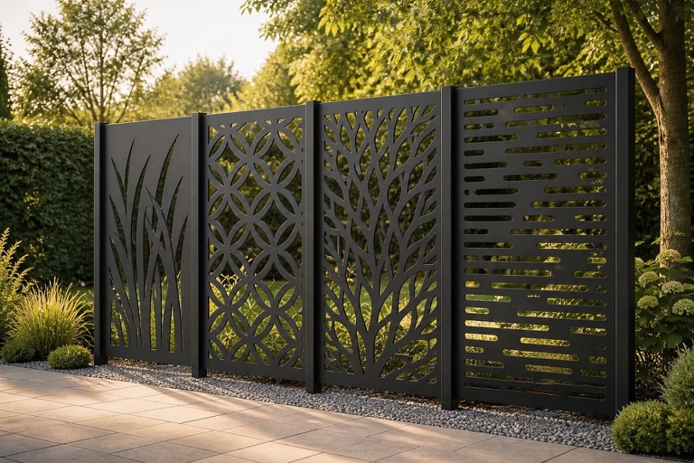 Conjunto de paneles y celosías metálicas instaladas en un jardín